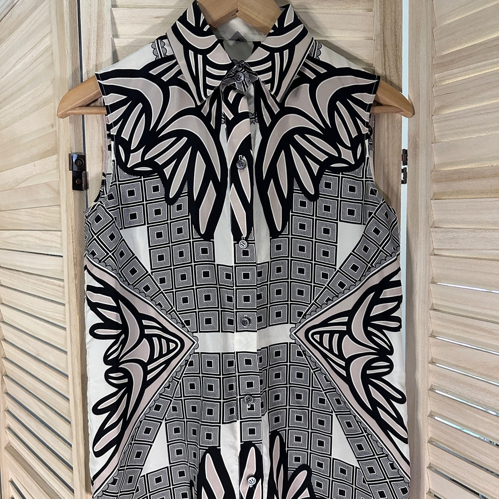 Derek Lam 100% Silk Black and White and Pink Geometric Women's Top